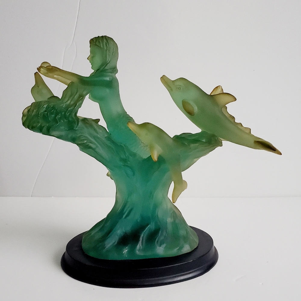 Vintage Mermaid & Dolphins Sculpture Statue Figurine Resin Dark Wood Base MCM 9"